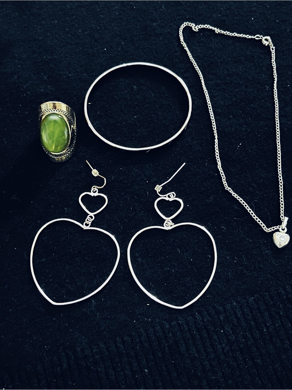 Jewelry lot Includes Cats Eye Statement Ring, Bracelet, Heart Necklace, Earrings